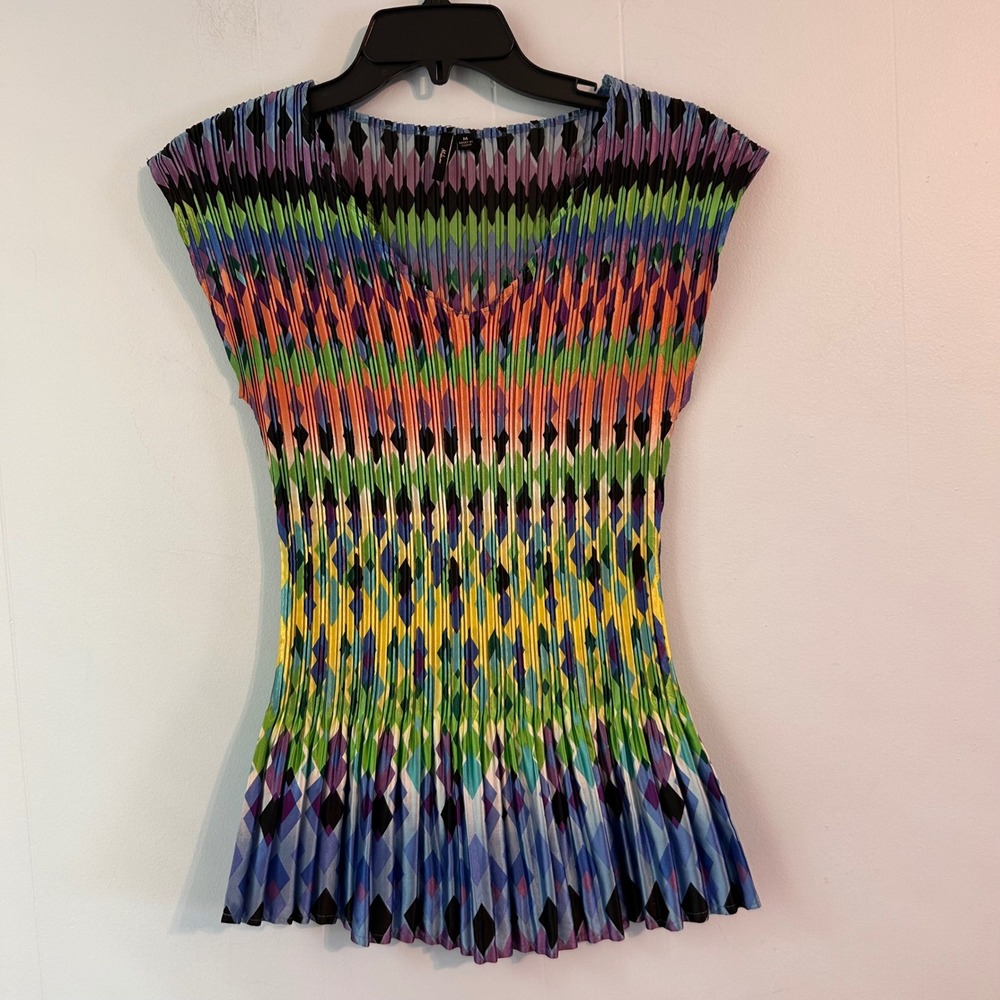 Milana‎ Womens Multicolor Harlequin Geometric Plisse Accordion Pleat Top Medium